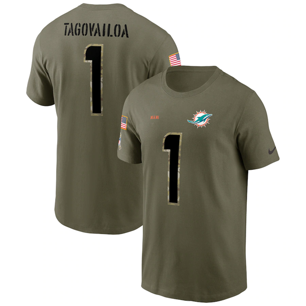 Men's Miami Dolphins #1 Tua Tagovailoa 2022 Olive Salute To Service T-Shirt